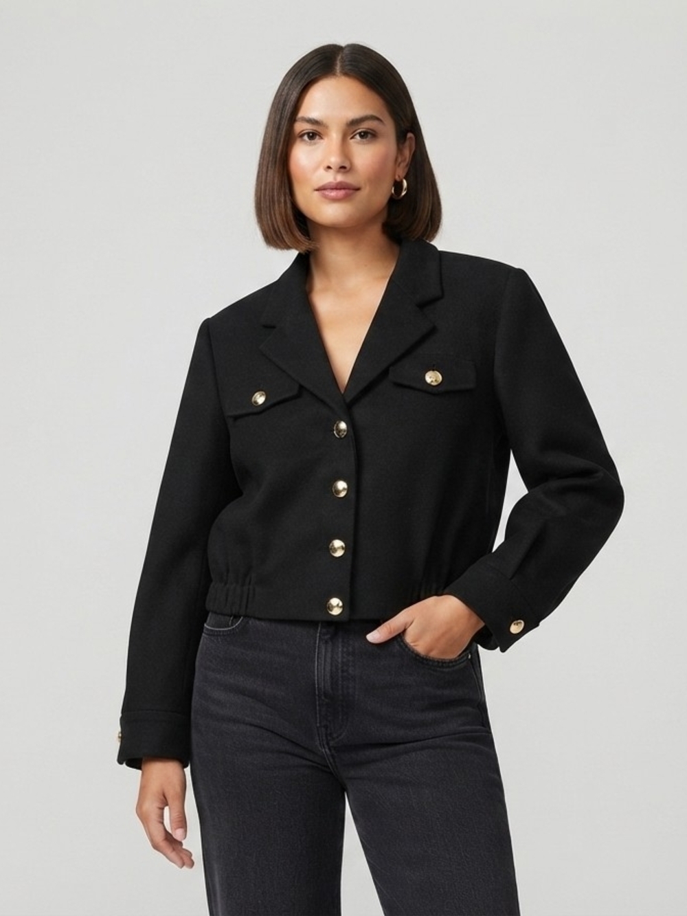 Tailored Cropped Black Blazer with Gold Buttons